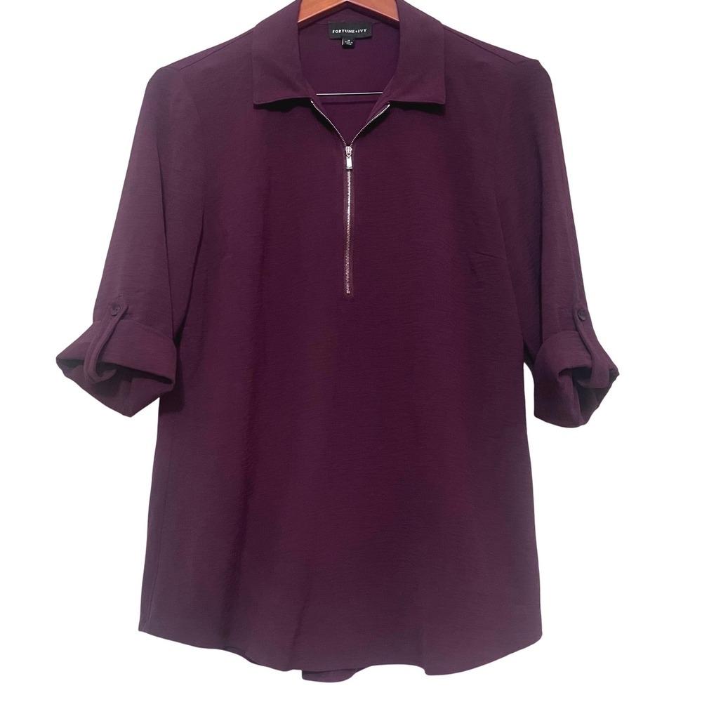 FORTUNE & IVY Plum Burgandy Collared Quarter Zip‎ Roll Tab Sleeve Tunic Top M